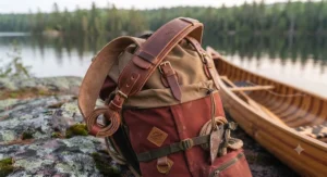 A traditional padded tump line attached to a nylon portage pack to help distribute weight evenly across the forehead and shoulders.