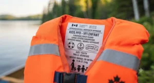 Close-up of official regulatory labels on a kids PFD for canoe camping meeting Canadian Coast Guard standards.