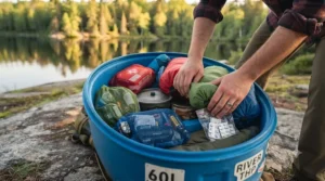 Adjusting a padded harness on a canoe barrel for comfortable portaging. (Ajustement du harnais rembourré sur un baril de canot pour le portage.)