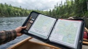 A waterproof binder organizing multiple route maps for long canoe expeditions.