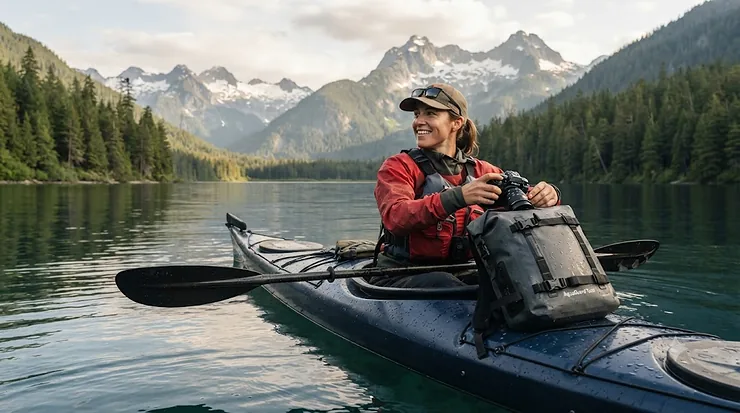 Photographer with a waterproof camera bag for kayaking on a serene Ontario lake.