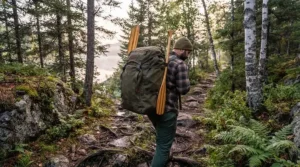 Close-up texture of heavy-duty, waterproof fabric on a large canoe trip pack 70L built for Canadian weather. / Gros plan sur le tissu imperméable d'un grand sac de canot 70L conçu pour le climat canadien.