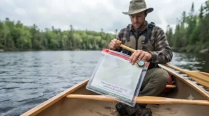 A paddler using a compact, flexible waterproof map case in a canoe.