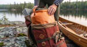 Demonstrating a polyethylene waterproof liner slid inside a nylon portage pack to keep sleeping gear dry through rough weather.