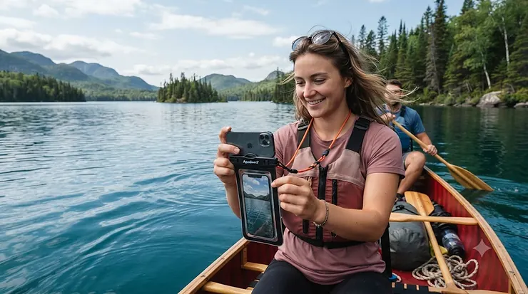 Person using a waterproof phone pouch while canoeing on a Canadian lake. waterproof phone pouch for canoe tripping
