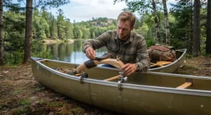 A paddler adjusting the shoulder pads on a custom portage yoke for a solo canoe trip in Algonquin Park.