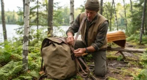 A paddler adjusting the length of their tumpline harness before starting a long canoe portage in Algonquin Park.