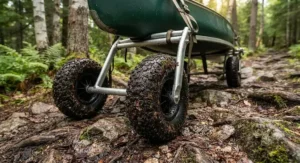 Close-up of all-terrain wheels on a canoe cart for portaging gear across rough, uneven Canadian backcountry terrain.
