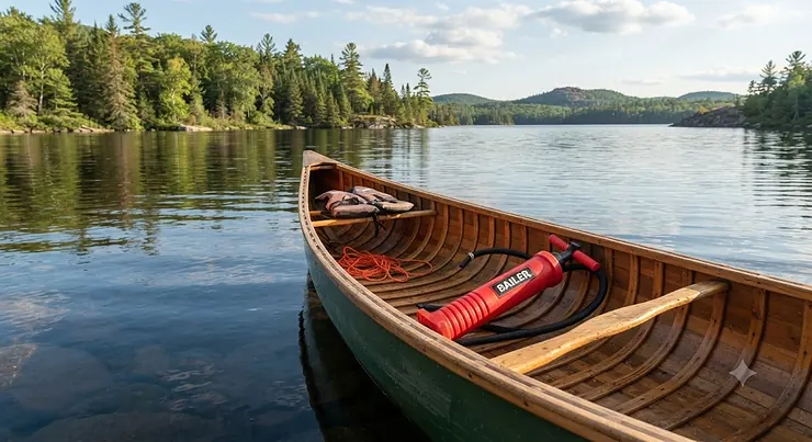 A standard bailing pump for canoe safety gear sitting inside a canoe on a Canadian lake.