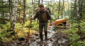 A canoeist successfully navigating a muddy Canadian portage trail using the stability of a traditional tumpline.