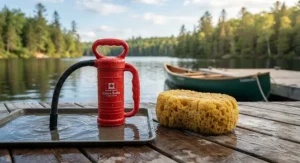 A selection of top-rated bailing pump for canoe options displayed on a wooden dock in Ontario.