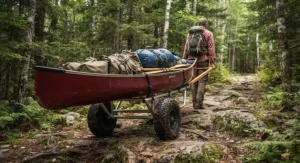 Reliable canoe cart for portaging heavy loads, designed for serious wilderness canoeing in Canada.