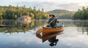 A solo paddler using an ergonomic canoe paddle for canoe tripping on a calm morning in Algonquin Provincial Park.