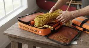 Safety gear setup featuring a certified throw bag for canoe rescue suited for Canadian paddling trips.