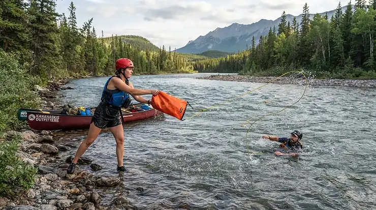 A canoeist practicing water safety with a bright orange throw bag for canoe rescue on a swift Canadian river.