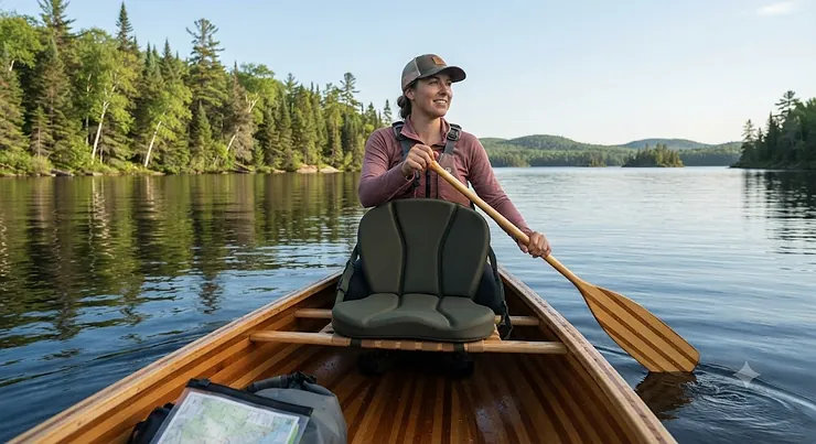 Ergonomic canoe seat cushion for comfort during long paddling trips on Canadian lakes.