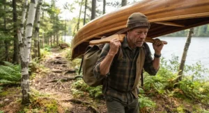 Technique for carrying a canoe on shoulders while supporting a gear bag with a tumpline on the forehead.
