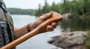 Detail view of a contoured palm grip on a canoe paddle, essential for comfort during long days of canoe tripping in Canada.
