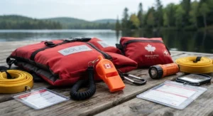 Compact waterproof whistle for kayaking packed alongside essential Canadian wilderness safety gear.