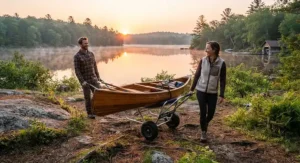 A couple using a folding canoe cart to transport their canoe down to the water at sunrise in Muskoka
