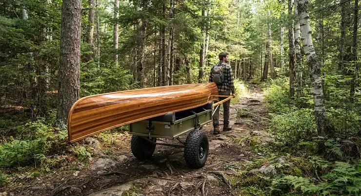 A rugged canoe cart for portaging loaded with a cedar-strip canoe on a forested trail in the Ontario wilderness.