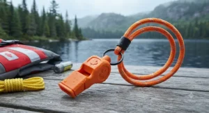 Durable waterproof whistle for kayaking attached to a reflective lanyard for easy access on the water.