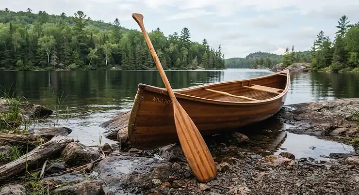 A sturdy handcrafted wooden canoe paddle resting against a canoe on a rocky shoreline in the Ontario wilderness, perfect for canoe tripping.