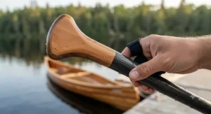 A close-up of an ergonomic T-grip on a lightweight canoe paddle, designed to reduce fatigue on extended paddling excursions.