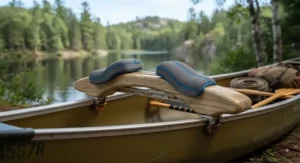 Ergonomic foam padding on a portage yoke providing shoulder comfort during long backcountry portages.