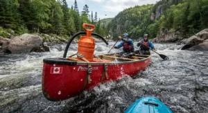 Transport Canada mandated safety equipment including a bailing pump for canoe laid out on a deck.