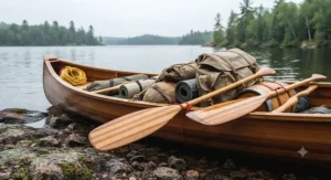 A well-equipped canoe packed for a trip, featuring a spare canoe paddle for canoe tripping safety and preparedness.