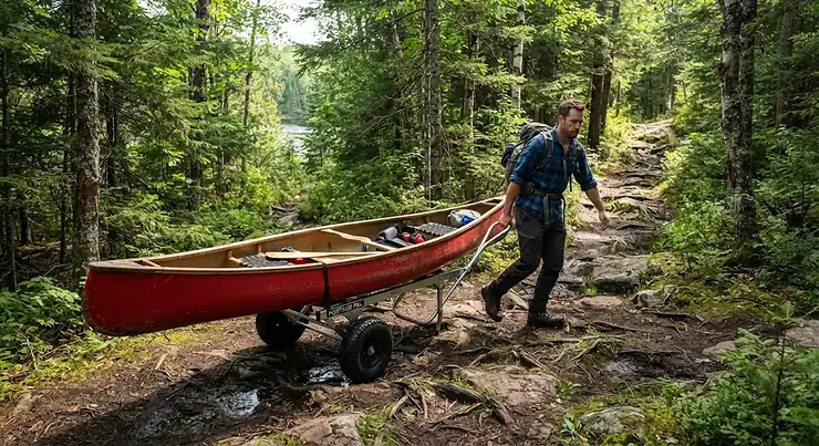 A folding canoe cart carrying a red canoe along a rugged portage trail in Algonquin Park, Ontario