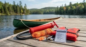 Close-up of a hand-operated bailing pump for canoe clearing water quickly during a simulated rescue.