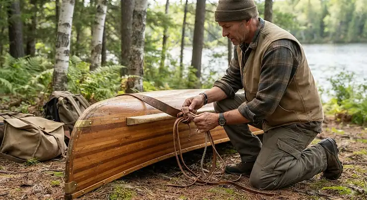 A backcountry tripper demonstrating how to properly attach a tumpline to a canoe thwart for a portage.