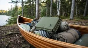 Portable inflatable canoe seat cushion packed alongside camping gear for easy transport.