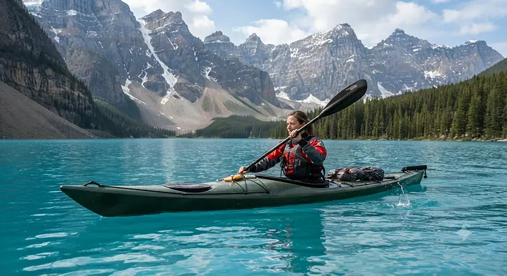 A touring kayaker paddling across the turquoise waters of Moraine Lake in Banff National Park with a high-performance kayak paddle for touring.
