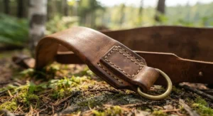 Detailed view of the handcrafted leather stitching on a durable tumpline designed for rugged Canadian portage routes.