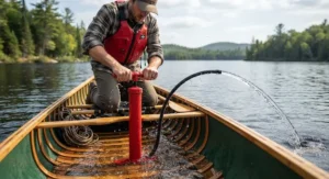 Lightweight plastic bailing pump for canoe packed alongside safety kit gear for a portage.