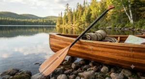 A premium lightweight canoe paddle leaning against a cedar strip canoe ready for an adventure in the backcountry.
