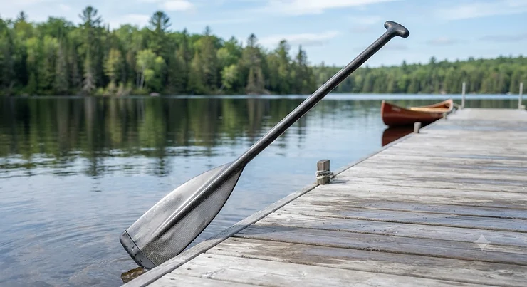 A lightweight carbon fibre canoe paddle resting against a dock overlooking a calm Canadian lake.