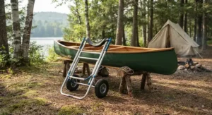 A lightweight and foldable canoe cart for portaging shown next to a solo canoe in a Canadian campsite.
