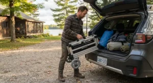 A traveller packing a lightweight folding canoe cart into the boot of a car before heading out on a Canadian road trip
