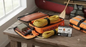 Reflective strip lighting up on a high-visibility throw bag for canoe rescue in low-light conditions.