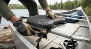 Non-slip canoe seat pad being securely fastened to an aluminum bench seat.