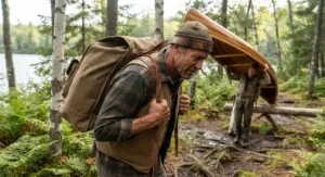 An illustration of a canoeist balancing a heavy pack using a tumpline during a remote Ontario wilderness portage.