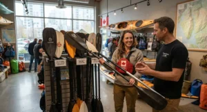 A Canadian outdoor enthusiast comparing different kayak paddle for touring options at a specialty paddlesports shop in Vancouver.