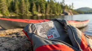 Paddler fitting an adult PFD over cold-water layers and dry suits for early-season kayaking across Canadian waterways.
