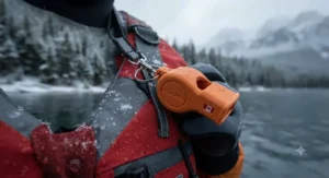 Pealess waterproof whistle for kayaking ensuring reliable sound signaling in freezing Canadian weather.