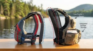 Diagram illustrating foam placement differences in an adult PFD vs fishing PFD for paddling balance and water safety.