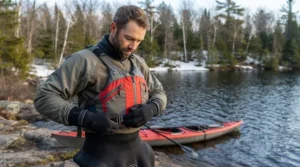 Integrated safety whistle and lash tab on a Canadian-approved paddling PFD for emergency signaling during remote excursions.